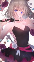 Rule 34 | 1girl, blue eyes, breasts, choker, cleavage, collarbone, floating hair, flower, highres, holding, holding microphone, idolmaster, idolmaster shiny colors, long hair, looking at viewer, medium breasts, microphone, nail polish, parted lips, pink flower, pink rose, purple flower, purple rose, red nails, rose, serizawa asahi, silver hair, solo, sparkle, standing, strapless, white flower, white rose, yoruhoshi owl