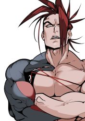 Rule 34 | 1boy, bara, bare pectorals, brown hair, crossed arms, fate/grand order, fate (series), hair over one eye, highres, igote, large pectorals, looking at viewer, looking down, male focus, muscular, muscular male, pectorals, red sash, sash, shiba ten, solo, spiked hair, tanaka shinbei (fate), veins