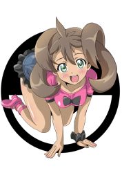 Rule 34 | 1girl, :d, all fours, alternate color, blush, breasts, brown hair, collarbone, commentary request, creatures (company), dark-skinned female, dark skin, denim, denim shorts, frilled shorts, frills, full body, game freak, green eyes, hair between eyes, high heels, long hair, looking at viewer, nintendo, no legwear, open mouth, pink footwear, pink shirt, poke ball print, pokemon, pokemon xy, quad tails, scrunchie, shauna (pokemon), shiny skin, shirt, shoes, short sleeves, shorts, small breasts, smile, solo, teeth, two-tone background, washizuka shou, wrist scrunchie