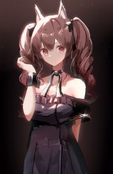 Rule 34 | 1girl, a.a (aa772), ambience synesthesia, angelina (arknights), animal ear fluff, animal ears, arknights, bare shoulders, black dress, braid, breasts, brown hair, commentary request, dress, eyebrows hidden by hair, frilled dress, frills, hair between eyes, hand up, long hair, looking at viewer, medium breasts, off-shoulder dress, off shoulder, official alternate costume, red eyes, short sleeves, solo, twin braids, twintails