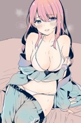 Rule 34 | 1girl, breasts, brown background, cleavage, commentary, heavy breathing, highres, large breasts, long hair, looking at viewer, mole, mole on breast, original, pink hair, purple eyes, simple background, solo, sweat, yu yu