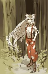 Rule 34 | 1girl, bamboo, bamboo forest, bow, forest, fujiwara no mokou, hair bow, hands in pockets, highres, long hair, nature, pants, red eyes, shirt, silence girl, silver hair, sketch, solo, suspenders, touhou, very long hair