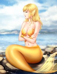 Rule 34 | 1girl, artist name, blonde hair, blurry, blurry background, breasts, closed eyes, cloud, cloudy sky, commission, crossed arms, fins, gigamessy, head fins, long hair, mermaid, monster girl, monsterification, navel, ningyo numa, open mouth, outdoors, rock, scales, sitting, sky, solo, teeth, watermark, yamazaki rin