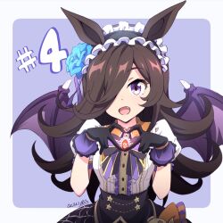 Rule 34 | 1girl, animal ears, bat wings, black gloves, black skirt, blue flower, blue rose, bow, bowtie, brown hair, center frills, dated, fang, flower, frilled hairband, frills, gloves, hair over one eye, hairband, hands up, hashtag, heart, heart hands, highres, horse ears, long hair, looking at viewer, nii manabu, open mouth, purple eyes, rice shower (make up vampire!) (umamusume), rice shower (umamusume), rose, shirt, shirt tucked in, short sleeves, signature, skirt, smile, solo, umamusume, upper body, white shirt, wings
