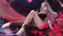 Rule 34 | 1girl, absurdres, anklet, bare tree, barefoot, breasts, field, flower, flower field, glint, habit, highres, hitodama, holding, holding scythe, hololive, hololive english, jewelry, kuutamo, large breasts, moon, mori calliope, night, night sky, parted lips, petals, petals on liquid, pink hair, red eyes, red moon, scythe, sitting, sky, solo, spider lily, thighs, tree, veil, virtual youtuber, water, wet