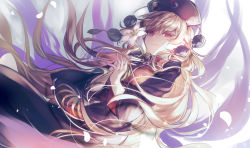 Rule 34 | 1girl, black dress, blonde hair, chinese clothes, closed mouth, cowboy shot, dress, dutch angle, flower, headgear, highres, holding, holding flower, junko (touhou), kutsuki kai, lily (flower), long dress, long hair, long sleeves, looking at viewer, neck ribbon, petals, pom pom (clothes), red eyes, red tabard, ribbon, sidelocks, smile, smug, solo, tabard, touhou, very long hair, white background, wide sleeves