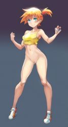 Rule 34 | 1girl, armpits, bare legs, blue eyes, blush, bottomless, breasts, cleft of venus, creatures (company), curvy, female focus, full body, game freak, highres, legs, looking at viewer, medium breasts, misty (pokemon), nintendo, orange hair, poke ball, pokemon, pokemon (anime), pokemon (classic anime), pussy, shoes, short hair, side ponytail, smile, solo, terufuu, thighs, third-party edit, uncensored