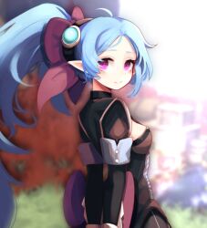 Rule 34 | 1girl, arms behind back, back bow, blue hair, blurry, blurry background, bow, cleavage cutout, closed mouth, clothing cutout, dungeon and fighter, from side, grass, hair bow, hwaryeok, long hair, looking at viewer, niu (dungeon and fighter), outdoors, ponytail, purple eyes, smile, solo
