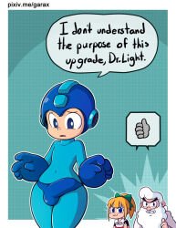 1girl 2boys :3 blonde_hair bow bulge commentary covered_navel dr._light_(mega_man) english_commentary english_text erection erection_under_clothes garabato grin hair_bow helmet mega_man_(character) mega_man_(classic) mega_man_(series) multiple_boys ponytail roll_(mega_man) shared_speech_bubble sidelocks smile speech_bubble thick_thighs thighs thumbs_up watermark web_address white_hair wide_hips