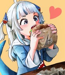 1girl ahoge blue_eyes blue_hair blunt_bangs blush burger commentary_request dai_roku_ten_mao eating fins fish_tail food gawr_gura gawr_gura_(1st_costume) heart highres holding holding_burger holding_food hololive hololive_english hood hood_down hoodie long_hair long_sleeves multicolored_hair open_mouth shark_girl shark_tail sharp_teeth solo streaked_hair table tail teeth two_side_up virtual_youtuber white_hair yellow_background