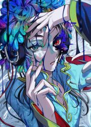 Rule 34 | 1other, absurdres, androgynous, black hair, blue eyes, blue hair, corruption, dark persona, facepaint, facial mark, feathers, gnosia, green eyes, green hair, headphones, heterochromia, highres, long hair, long sleeves, looking at viewer, other focus, raqio, solo, tuze111, upper body