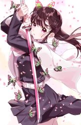 Rule 34 | 1girl, animal, arms up, belt, belt buckle, black jacket, black skirt, blush, brown hair, buckle, bug, butterfly, butterfly hair ornament, cloak, commentary request, hair ornament, highres, holding, holding sword, holding weapon, insect, jacket, katana, kimetsu no yaiba, long hair, long sleeves, looking at viewer, misumi (macaroni), parted lips, petals, pleated skirt, purple eyes, side ponytail, skirt, solo, sword, tsuyuri kanao, weapon, white belt, white cloak