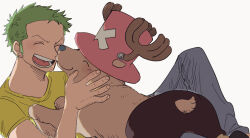 Rule 34 | 2boys, blush, brown fur, feet out of frame, green hair, hat, male focus, multiple boys, noses touching, ns1123, one piece, reindeer, roronoa zoro, shirt, short hair, sideburns, simple background, smile, tony tony chopper, top hat, white background, yellow shirt