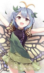 Rule 34 | :d, antennae, blue hair, blush, breasts, brown eyes, butterfly wings, commentary, cowboy shot, eternity larva, green skirt, hair ornament, insect wings, leaf, leaf hair ornament, looking at viewer, medium breasts, minust, open mouth, see-through, short sleeves, skirt, smile, solo, standing, touhou, white background, wings