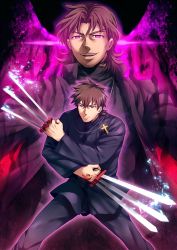 Rule 34 | 2boys, aged down, between fingers, black keys (type-moon), brown eyes, brown hair, command spell, cross, cross necklace, dual persona, fate/zero, fate (series), holding, jewelry, kotomine kirei, male focus, multiple boys, necklace, old, purple eyes, zihad