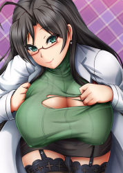 Rule 34 | 10s, 1girl, antenna hair, black hair, black thighhighs, bol (liliymimi), breasts, cleavage, covered erect nipples, earrings, garter straps, green eyes, hasegawa chisato, highres, huge breasts, jewelry, long hair, looking at viewer, meme attire, mole, mole under eye, open-chest sweater, paizuri invitation, ribbed sweater, shinmai maou no testament, smile, solo, sweater, thighhighs