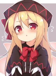 Rule 34 | 1girl, baku-p, black dress, black hat, black sleeves, blonde hair, blush, bow, bowtie, dress, fairy, fairy wings, grey background, hair between eyes, hat, hat bow, lily black, lily white, long hair, long sleeves, looking at viewer, open mouth, red bow, red bowtie, red eyes, simple background, solo, sweat, touhou, upper body, wings