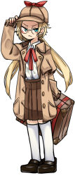 Rule 34 | 1girl, :&lt;, black survival, blonde hair, blue eyes, bow, bowtie, brown coat, brown footwear, brown hat, brown skirt, buttons, coat, collared shirt, commentary request, deerstalker, flat chest, full body, glaring, glasses, hand on headwear, hat, hat bow, kneehighs, long hair, long sleeves, looking to the side, nicky blake, open clothes, open coat, pleated skirt, red bow, red bowtie, rinyamame, shirt, shirt tucked in, shoes, simple background, skirt, socks, solo, standing, suitcase, v-shaped eyebrows, white background, white shirt, white socks