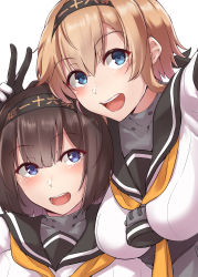 Rule 34 | 2girls, absurdres, akizuki (kancolle), black hair, blue eyes, blush, braid, clothes writing, commentary request, hachimaki, hair ornament, hairband, hand on another&#039;s head, headband, highres, kantai collection, kiritto, light brown hair, long hair, looking at viewer, multiple girls, neckerchief, open mouth, ponytail, school uniform, serafuku, smile, teruzuki (kancolle), twin braids, v, yellow neckerchief
