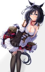 Rule 34 | 1girl, absurdres, animal ears, bag, bare shoulders, black hair, black thighhighs, blue eyes, breasts, brown bag, choker, cleavage, closed mouth, commentary request, cowboy shot, detached sleeves, dirndl, dress, ear ornament, eishin flash (umamusume), frilled dress, frills, german clothes, hair between eyes, highres, horse ears, horse girl, horse tail, large breasts, leaning forward, long sleeves, pandoa (mikage0495), red choker, short hair, simple background, sleeves past wrists, smile, solo, tail, thighhighs, umamusume, white background