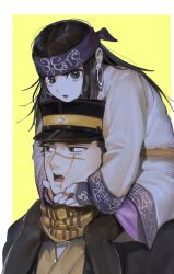 Rule 34 | 1boy, 1girl, ainu, ainu clothes, asirpa, bandana, black hair, black headwear, black jacket, black pantyhose, blue bandana, blue eyes, border, brown eyes, carrying, carrying person, commentary, earrings, facial scar, golden kamuy, hands on another&#039;s face, hat, highres, hoop earrings, jacket, jewelry, kepi, long hair, long sleeves, looking at viewer, looking to the side, military hat, open mouth, outside border, pantyhose, parted lips, scar, scar on cheek, scar on face, scar on mouth, scar on nose, scarf, shoulder carry, sugimoto saichi, symbol-only commentary, teeth, upper teeth only, white border, yellow background, yellow scarf, yongsa (y0ngs4)