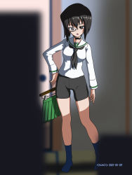 Rule 34 | 1girl, artist name, bike shorts, black-framed eyewear, black choker, black eyes, black hair, black neckerchief, black shorts, blouse, blue socks, blurry, blurry background, blurry foreground, bob cut, bow choker, choker, clothes hanger, commentary request, dated, depth of field, girls und panzer, green skirt, hand on own hip, highres, holding, holding clothes, holding skirt, kawashima momo, long sleeves, miniskirt, monocle, naotosi, neckerchief, no pants, no shoes, ooarai school uniform, open mouth, partial commentary, peeking, pleated skirt, pov, sailor collar, school uniform, semi-rimless eyewear, serafuku, shirt, short hair, shorts, skindentation, skirt, unworn skirt, socks, solo, standing, under-rim eyewear, white sailor collar, white shirt