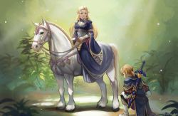 Rule 34 | 1boy, 1girl, animal, armor, blonde hair, blue dress, day, dress, horse, horseback riding, link, long hair, looking at another, master sword, nintendo, outdoors, pointy ears, princess zelda, riding, serious, shadow, short hair, straight hair, syn (kuponutt), the legend of zelda, the legend of zelda: breath of the wild, thick eyebrows, white horse