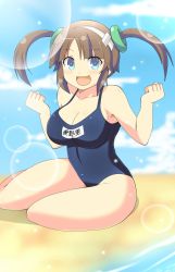 Rule 34 | 1girl, arms up, bare legs, bare shoulders, beach, blue eyes, blue one-piece swimsuit, breasts, brown hair, cleavage, crossed legs, hair ornament, happy, highres, large breasts, legs, legs together, looking at viewer, minori (senran kagura), one-piece swimsuit, school swimsuit, senran kagura, short hair, sitting, smile, solo, swimsuit, twintails