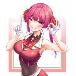 Rule 34 | 1girl, :d, armpits, breasts, cleavage, cropped jacket, gloves, groin, hair ribbon, half gloves, hand gesture, heterochromia, highres, hololive, houshou marine, large breasts, leotard, leotard under clothes, light blush, looking at viewer, neckerchief, oni0417, open mouth, pink hair, pleated skirt, red eyes, red neckerchief, red ribbon, red skirt, ribbon, see-through, see-through cleavage, see-through leotard, skirt, sleeveless, smile, solo, twintails, upper body, virtual youtuber, white gloves, yellow eyes