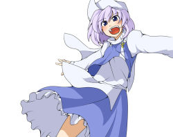 Rule 34 | 1girl, bad id, bad pixiv id, blue eyes, blush, cape, female focus, hat, letty whiterock, long sleeves, mashio, open mouth, outstretched arms, puffy sleeves, purple hair, short hair, solo, touhou, white background
