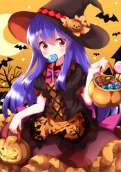 Rule 34 | 1girl, alternate color, animal, animal ears, animal print, apron, autumn leaves, back bow, basket, bat (animal), bat ears, bat print, bat wings, blush, bow, bowtie, branch, breasts, brown dress, brown hat, candy, collared dress, commentary request, cookie, crescent, crescent moon, dress, flying, food, frills, hair between eyes, halloween, halloween bucket, halloween costume, hand up, hat, hat leaf, hat ornament, highres, hinanawi tenshi, holding, holding basket, house, leaf, lollipop, long hair, looking at viewer, medium breasts, moon, open mouth, orange apron, orange dress, orange sky, pink bow, pink bowtie, plaid, puffy short sleeves, puffy sleeves, pumpkin hat ornament, pumpkin print, purple hair, red eyes, ruu (tksymkw), short sleeves, sidelocks, sky, smile, solo, standing, star (sky), starry sky, sweets, touhou, tree, tree print, two-tone dress, window, wings, witch hat