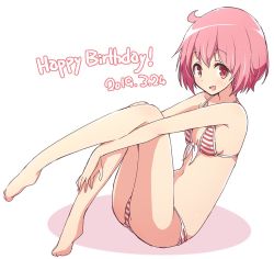 Rule 34 | 1girl, ahoge, barefoot, bikini, breasts, commentary, dated, english text, front-tie bikini top, front-tie top, halterneck, happy birthday, hugging own legs, leg up, looking at viewer, mel (melty pot), nonohara yuzuko, open mouth, pink eyes, pink hair, red bikini, shadow, short hair, simple background, sitting, small breasts, smile, solo, string bikini, striped bikini, striped clothes, swimsuit, white background, yuyushiki