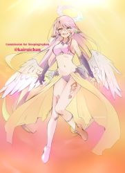 Rule 34 | 1girl, angel wings, anna lee, asymmetrical legwear, breasts, bridal gauntlets, commentary, commission, spiked halo, crop top, english commentary, feathered wings, gloves, gradient eyes, gradient hair, halo, jibril (no game no life), long hair, looking at viewer, low wings, magic circle, medium breasts, midriff, mismatched legwear, multicolored eyes, multicolored hair, navel, no game no life, pink eyes, pink hair, shoes, single shoe, smile, solo, tattoo, twitter username, very long hair, white wings, wing ears, wings, yellow eyes