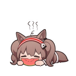 Rule 34 | 1girl, ahoge, angelina (arknights), animal ears, arknights, brown hair, chibi, closed eyes, earpiece, food, fox ears, fox girl, fox tail, fruit, hair between eyes, hairband, holding, holding food, hot, long hair, lxjun 09, lying, on stomach, red hairband, simple background, solo, striped clothes, striped hairband, sweat, tail, twintails, watermelon, watermelon slice, white background