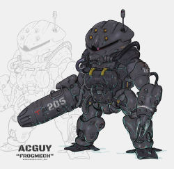 Rule 34 | acguy, arm cannon, character name, claws, commentary, english commentary, english text, gundam, highres, insignia, machinery, mecha, missile pod, mobile suit, mobile suit gundam, no humans, nomansnodead, one-eyed, original, periscope, red eyes, redesign, robot, science fiction, solo, weapon, wet, zeon