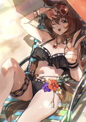 1girl absurdres animal_ears bare_shoulders beach_chair bikini black_bikini blue_eyes blush bojue_(hakus_1128) bracelet breasts brown_hair chain chain_necklace cleavage commentary_request day eyewear_on_head flower frilled_bikini frills gem hair_between_eyes hands_up heart heart-shaped_eyewear hibiscus highres horse_ears horse_girl horse_tail jewelry large_breasts leaf long_hair looking_at_viewer maruzensky_(blasting_off_summer_night)_(umamusume) maruzensky_(umamusume) navel necklace ocean one_eye_closed open_mouth orange-tinted_eyewear outdoors pendant purple_flower red_flower red_gemstone sidelocks sitting smile solo stomach sunglasses swimsuit tail tassel thigh_gap tinted_eyewear umamusume v wavy_hair white-framed_eyewear yellow_flower