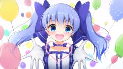 Rule 34 | 1girl, :d, absurdres, balloon, blue bow, blue choker, blue dress, blue eyes, blue hair, blush, bow, choker, collarbone, commentary request, dress, gloves, gradient background, grey background, hair bow, highres, long hair, looking at viewer, nijisanji, open mouth, outstretched arms, puffy short sleeves, puffy sleeves, round teeth, short sleeves, sidelocks, smile, solo, teeth, twintails, upper teeth only, virtual youtuber, white background, white gloves, ymd (holudoun), yuuki chihiro, yuuki chihiro (1st costume)