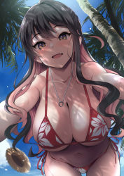 Rule 34 | 1girl, alternate costume, beach, bikini, black hair, blush, breasts, cleavage, collarbone, day, fang, fang out, floral print, hair down, hanging breasts, hat, highres, jewelry, kantai collection, kyogoku shin, large breasts, long hair, looking at viewer, multicolored hair, naganami (kancolle), navel, necklace, open mouth, outdoors, paid reward available, palm tree, pink hair, pov, red bikini, paid reward available, ring, ring necklace, shade, side-tie bikini bottom, sky, smile, solo, stomach, straw hat, sunlight, sweat, sweatdrop, swimsuit, tree, two-tone hair, wavy hair, wet, yellow eyes