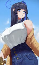 Rule 34 | 1girl, bag, black hair, blue hair, blue halo, blue sky, breasts, brown coat, cloud, coat, day, denim, hair intakes, halo, highres, holding, holding bag, hololive, hololive english, huge breasts, jeans, long hair, multicolored hair, official alternate costume, ouro kronii, ouro kronii (casual), outdoors, pants, reilong, sky, sleeveless, sleeveless turtleneck, solo, turtleneck, two-tone hair, virtual youtuber
