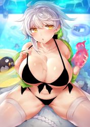 Rule 34 | 1girl, alternate costume, asymmetrical hair, bad id, bad pixiv id, bare shoulders, bikini, black bikini, blurry, braid, breasts, cleavage, collarbone, commentary request, depth of field, failure penguin, gloves, green jacket, hair between eyes, halterneck, highres, hood, hooded jacket, huge breasts, jacket, jitome, kantai collection, long hair, looking at viewer, midriff, navel, open mouth, outdoors, partially visible vulva, pokoten (pokoten718), pool, silver hair, single braid, sitting, solo, stomach, strap pull, swimsuit, thick thighs, thighhighs, thighs, tile floor, tiles, underboob, unryuu (kancolle), very long hair, wavy hair, yellow eyes