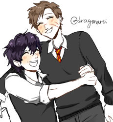 Rule 34 | 2boys, bare arms, blush, brown hair, clenched teeth, closed eyes, collar, eyelashes, facial scar, happy, harry potter (series), hogwarts school uniform, hug, male focus, multiple boys, necktie, parted lips, remus lupin, scar, scar on cheek, scar on face, scar on nose, school uniform, short hair, simple background, sirius black, striped necktie, striped neckwear, teeth, twitter username, uniform, white background, wing collar, wizarding world, yaoi