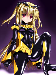 Rule 34 | 1girl, bad end peace, bad end peace (cosplay), bad end precure, bat wings, black bodysuit, blonde hair, bodysuit, breasts, clenched hands, corruption, cosplay, covered navel, dark persona, dress, empty eyes, expressionless, eyeshadow, frills, gem, gloves, gradient background, hair intakes, hair ornament, high heels, konjiki no yami, latex, latex dress, latex gloves, latex suit, leg lift, long hair, magical girl, makeup, microskirt, pleated skirt, precure, red eyes, sen (sansui), shiny clothes, skirt, small breasts, smile precure!, solo, tiara, to love-ru, turtleneck, twintails, two side up, very long hair, wide sleeves, wings