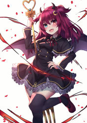 Rule 34 | 1girl, :d, ashisi, bad id, bad pixiv id, black capelet, black dress, black thighhighs, blush, breasts, brown wings, capelet, crescent, crescent hair ornament, demon girl, demon horns, demon wings, dress, fang, fork, frilled capelet, frilled dress, frills, green eyes, hair between eyes, hair ornament, hand on own hip, heart, heterochromia, highres, holding, holding fork, horns, long hair, long sleeves, looking at viewer, nijisanji, open mouth, oversized object, petals, red eyes, red footwear, red hair, shoes, simple background, small breasts, smile, solo, standing, standing on one leg, thighhighs, two side up, virtual youtuber, white background, wings, yuzuki roa