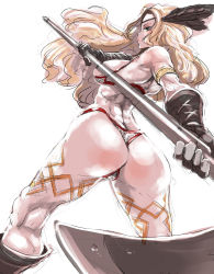 Rule 34 | 1girl, amazon (dragon&#039;s crown), armlet, armor, ass, axe, back, bikini, bikini armor, blonde hair, blue eyes, breasts, circlet, dragon&#039;s crown, feathers, from behind, gloves, hair ornament, halberd, huge breasts, large breasts, long hair, looking back, muscular, panties, polearm, shinama, simple background, sketch, solo, swimsuit, tattoo, thick thighs, thighs, thong, thong bikini, underwear, vanillaware, weapon, white background