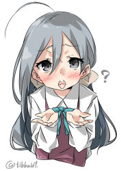 Rule 34 | 10s, 1girl, ?, ahoge, bad id, bad twitter id, blue bow, blue bowtie, blush, bow, bowtie, collared shirt, cupping hands, ebifurya, eyebrows, grey eyes, grey hair, hair between eyes, hair ribbon, highres, inactive account, kantai collection, kiyoshimo (kancolle), long hair, long sleeves, looking at viewer, open mouth, own hands together, ribbon, shirt, simple background, sleeveless, solo, tongue, tongue out, twitter username, upper body, white background, white ribbon, white shirt