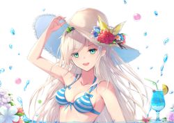 1girl adjusting_clothes adjusting_headwear aqua_eyes arm_up bikini blush breasts cleavage collarbone cup drinking_glass drinking_straw female_focus fuuro_(johnsonwade) hairband hat long_hair looking_at_viewer medium_breasts open_mouth original silver_hair smile solo swimsuit teeth upper_body water_drop