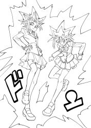 Rule 34 | 2boys, blush, bow, bowtie, buttons, closed mouth, commentary request, crossdressing, fushitasu, greyscale, hands on own hips, jacket, long sleeves, looking to the side, male focus, monochrome, multiple boys, muto yugi, pleated skirt, shoes, skirt, smile, spiked hair, thighhighs, yami yugi, yu-gi-oh!, yu-gi-oh! duel monsters