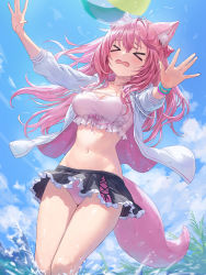 Rule 34 | &gt;o&lt;, 1girl, animal ear fluff, animal ears, arms up, ball, beachball, black skirt, blue sky, blush, bow, bracelet, breasts, cleavage, cloud, cloudy sky, cowboy shot, crop top, drawstring, frilled shirt, frills, grass, guchico, hair ornament, hakui koyori, hands up, highres, hololive, jacket, jewelry, long hair, medium breasts, midriff, miniskirt, navel, open clothes, open jacket, open mouth, open shirt, outdoors, outstretched arms, panties, pink hair, pink tail, shirt, skirt, sky, solo, splashing, standing, stomach, swimsuit, tail, thighs, underwear, virtual youtuber, water, white jacket, white shirt, wolf ears, wolf tail