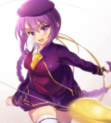 Rule 34 | 1girl, beret, black gloves, blurry, blurry background, braid, breasts, cowboy shot, fingerless gloves, gloves, hat, highres, itsuka neru, long hair, long sleeves, looking at viewer, melty blood, open mouth, pointing, pointing at viewer, purple eyes, purple hair, purple hat, purple sweater, purple vest, simple background, single braid, sion eltnam atlasia, solo, standing, sweater, tsukihime, very long hair, vest, white background