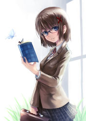 Rule 34 | 1girl, bag, bespectacled, blue eyes, book, brown hair, bug, butterfly, glasses, hair ornament, hairclip, holding, holding book, bug, looking at viewer, lyrical nanoha, mahou shoujo lyrical nanoha, mahou shoujo lyrical nanoha a&#039;s, open book, plaid, plaid skirt, school uniform, short hair, skirt, smile, solo, x hair ornament, yagami hayate, yone